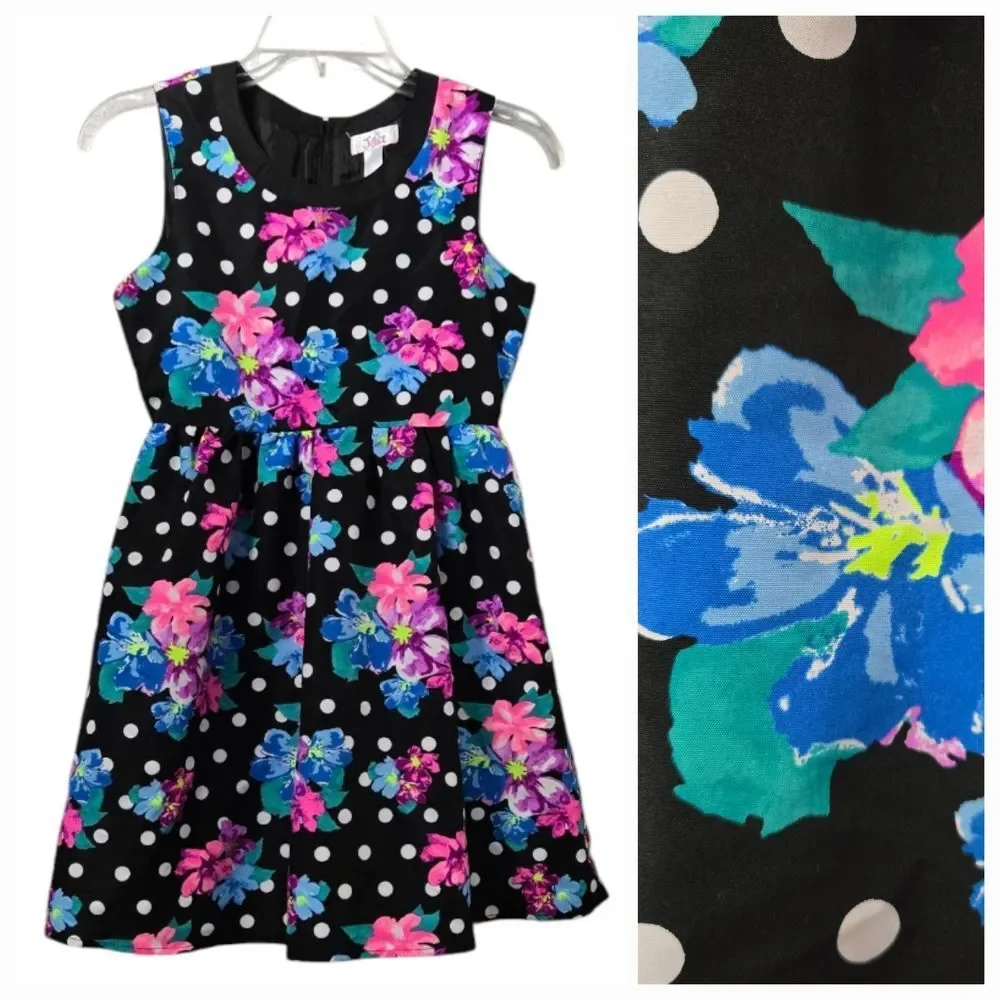 Justice Girls Floral Polka Dot Dress 12 Black Twirl Party Sundress Trendy Tween